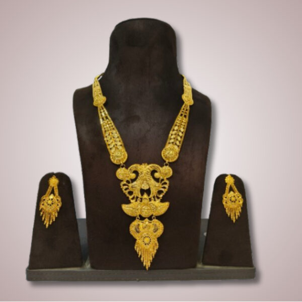 Royal Gold-Plated Long Har Set with Intricate Designer Pendant and Earrings
