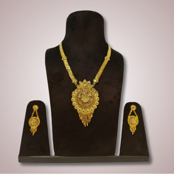 Classic Gold-Plated Long Har Set with Round Designer Pendant and Matching Earrings