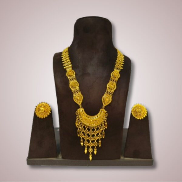 Elegant Gold-Plated Long Har Set with Floral Pendant and Round Earrings