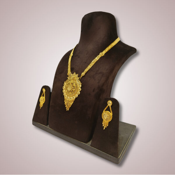 Classic Gold-Plated Long Har Set with Round Designer Pendant and Matching Earrings - Image 2